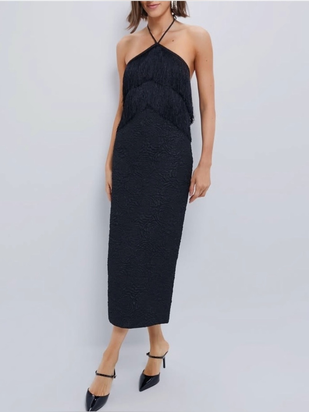 Tuckernuck Hyacinth House Black Fringe Halter Neck Natalia Midi Dress Size Small